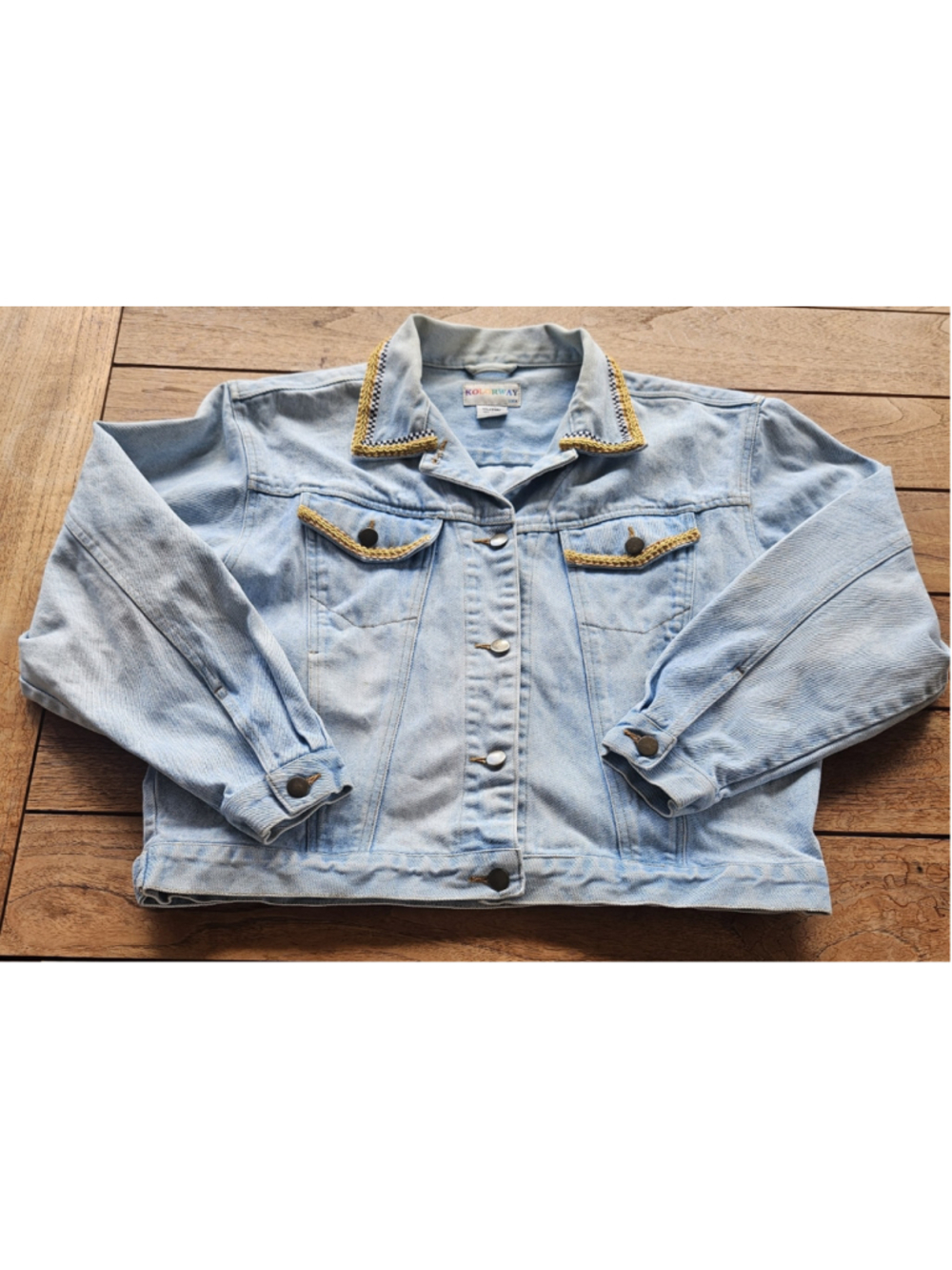 Vintage 90s Kolorway Denim Jacket Needlepoint Back Cafe Scene Art Wear Size L
